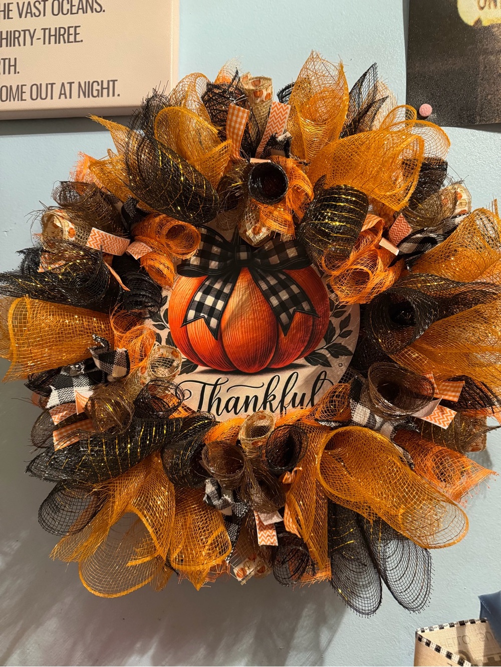 Hand Crafted Orange and Black 'Thankful' Pumpkin Wreath
